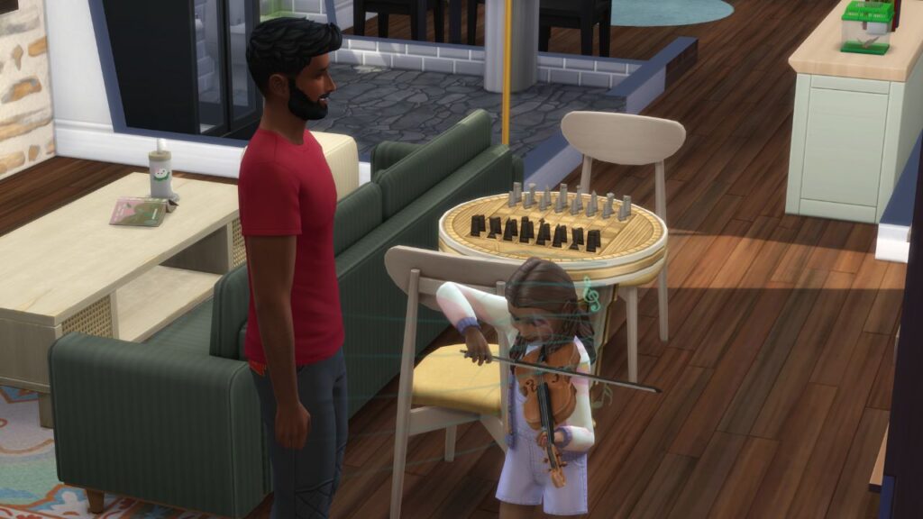 A screenshot from The Sims 4 showing a dad watching their daughter play the violin 