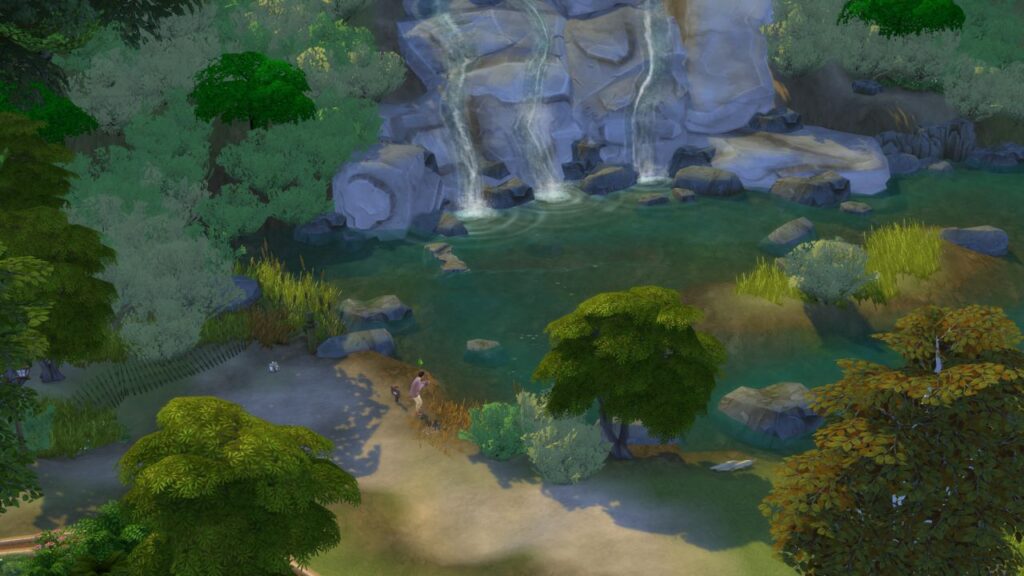 A screenshot from The Sims 4 showing a fishing spot located near pupperstone park by a waterfall