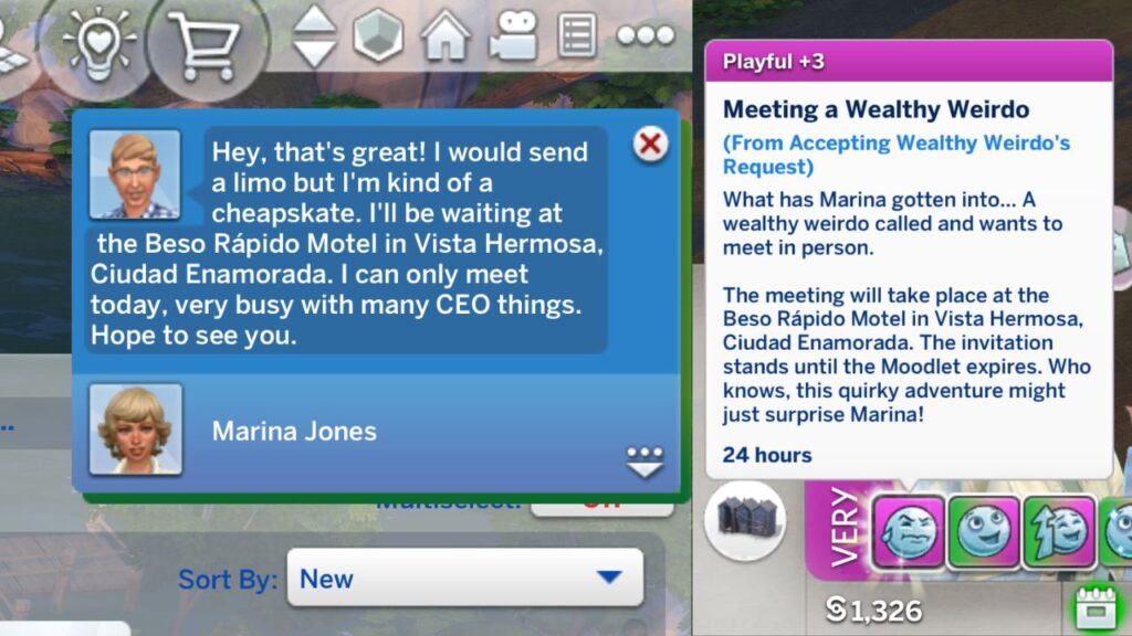 A screenshot from The Sims 4 showing the response when you agree to meet the wealthy weirdo 