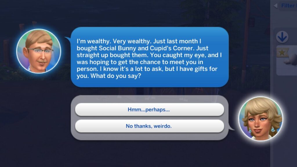 A screenshot from The Sims 4 showing a phone conversation with the wealthy weirdo 