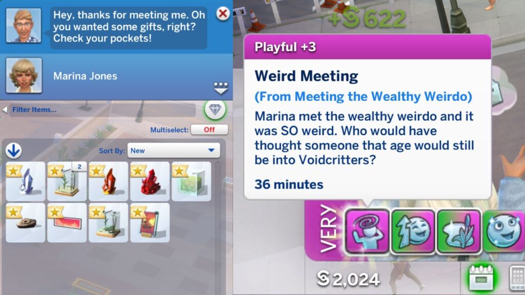 A screenshot from The Sims 4 showing gifts from meeting a wealthy weirdo 