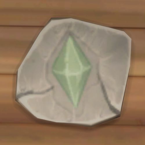 A screenshot from The Sims 4 showing a rock on the ground. On the rock is an image of a plumbob