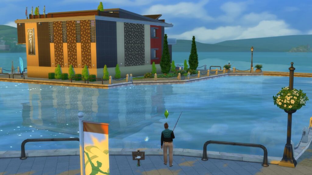 A screenshot from The Sims 4 showing a fishing spot in Windenburg across water from the nightclub