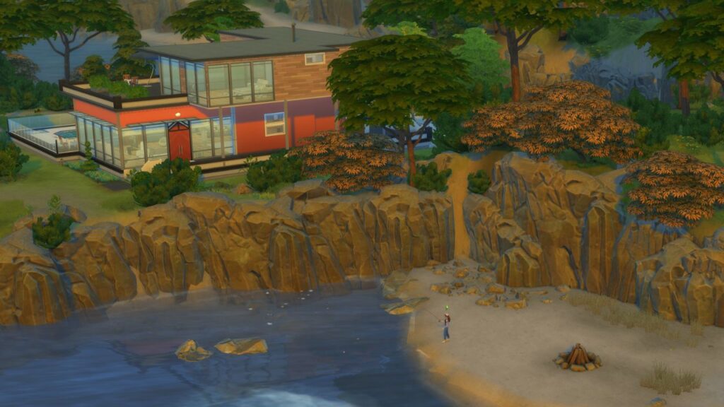A screenshot from The Sims 4 showing a fishing spot in Windenburg located on a beach near the Bjergsen household