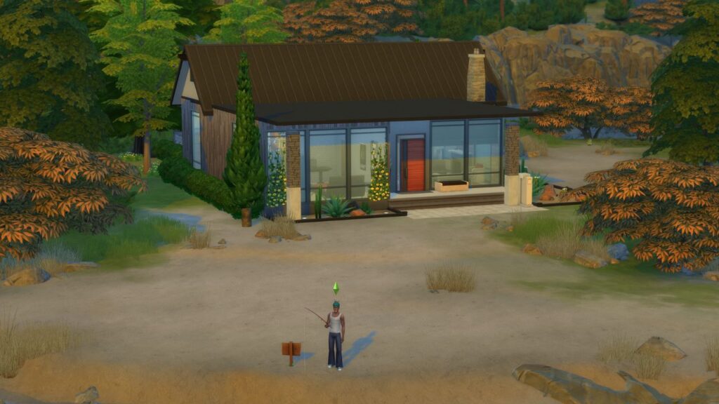 A screenshot from The Sims 4 showing a fishing spot in Windenburg located in front of the Bro Household on a beach