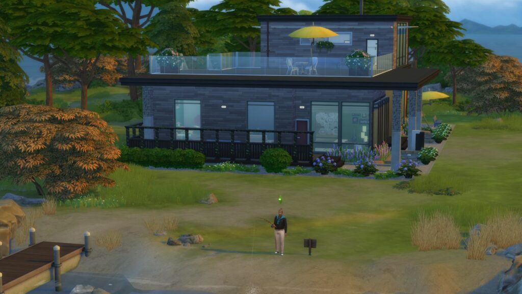 A screenshot from The Sims 4 showing a fishing spot in Windenburg located near the Pier Palace lot on a little beach beside a dock