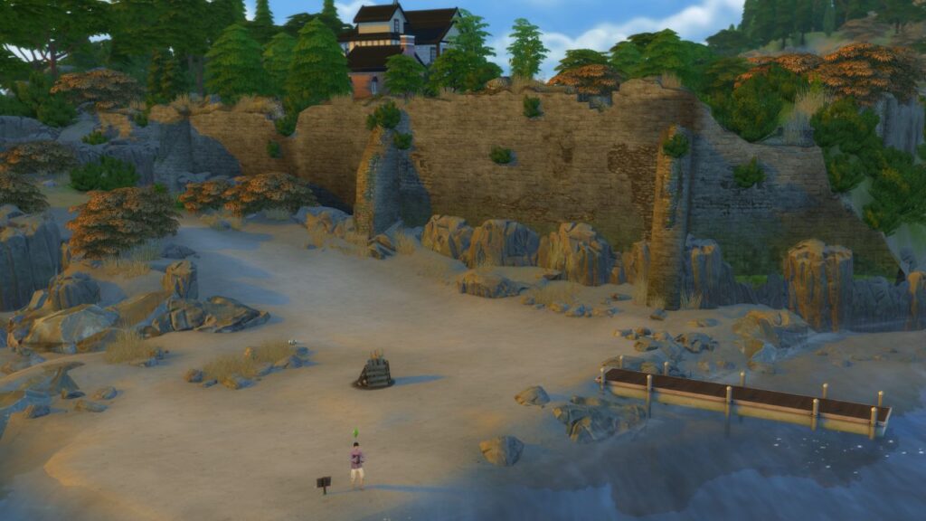 A screenshot from The Sims 4 showing a fishing spot in Windenburg located on a beach near the Villareal household