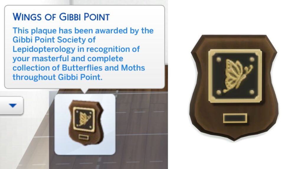 A screenshot from The Sims 4 showing the Wings of Gibbi Point plaque for completing the collection