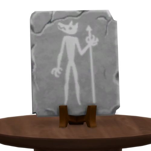 A screenshot from The Sims 4 showing a brown wood table and on top is a tablet with a werewolf holding a spear