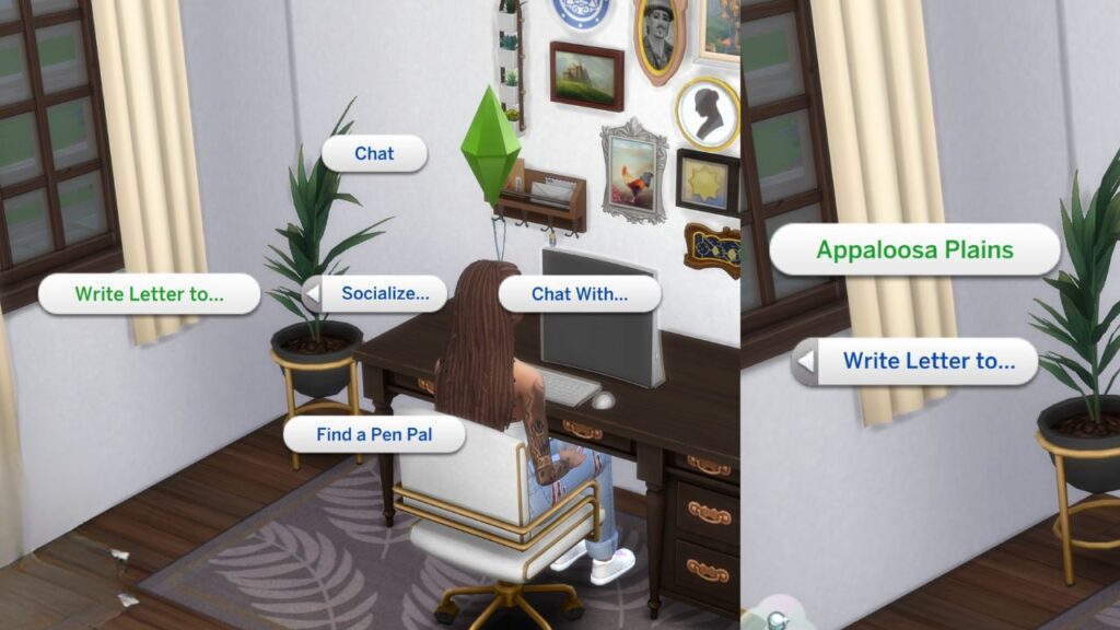 A screenshot from The Sims 4 showing how to write a letter to your sim's pen pal