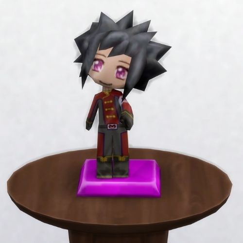 A screenshot from The Sims 4 with a small, circular brown table. On top is a MySims Trophy named Yuki