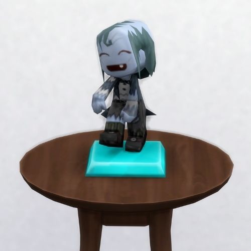 A screenshot from The Sims 4 with a small, circular brown table. On top is a MySims Trophy named Zombie Carl