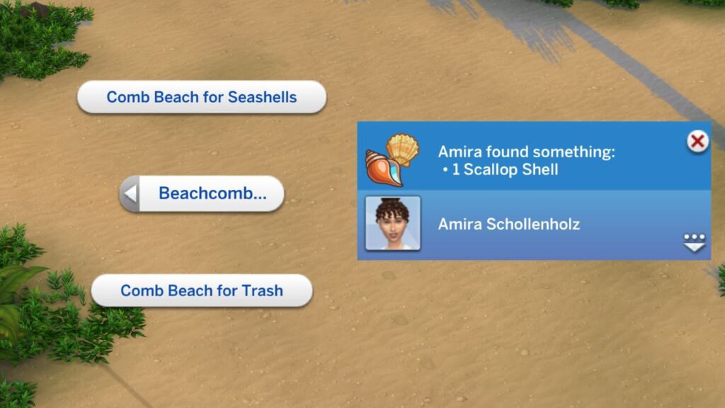 A screenshot from The Sims 4 showing how to beachcomb for sea shells 