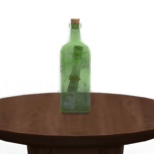 A screenshot from The Sims 4 showing a wooden table with a square bottom green tinted bottle on top