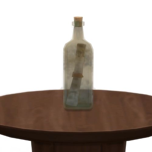 A screenshot from The Sims 4 showing a wooden table with a sandy glass bottle on top