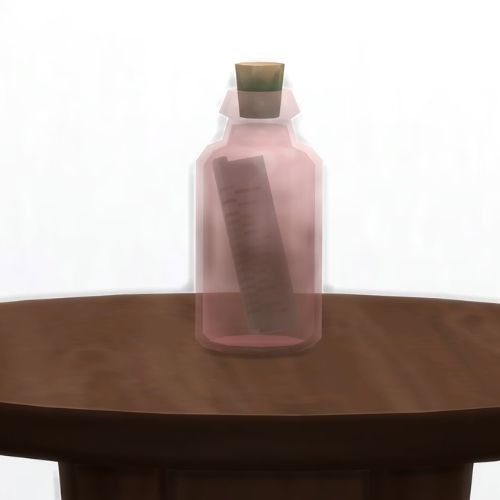 A screenshot from The Sims 4 showing a wooden table with a short pink coloured glass bottle on top