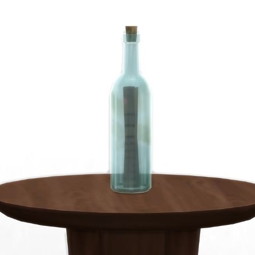 A screenshot from The Sims 4 showing a wooden table with a glass bottle with a message inside on top
