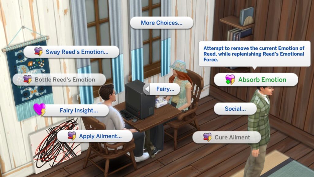 A screenshot from The Sims 4 showing how to absorb emotions as a fairy 