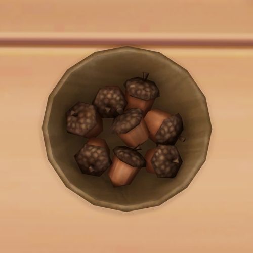 A screenshot from The Sims 4 showing a bowl on a wooden floor. Inside the bowl is acorns