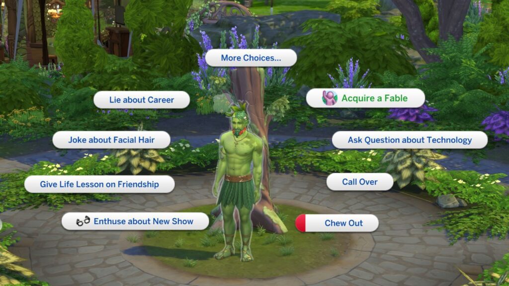 A screenshot from The Sims 4 showing how to ask Spruce Almighty for a fable 