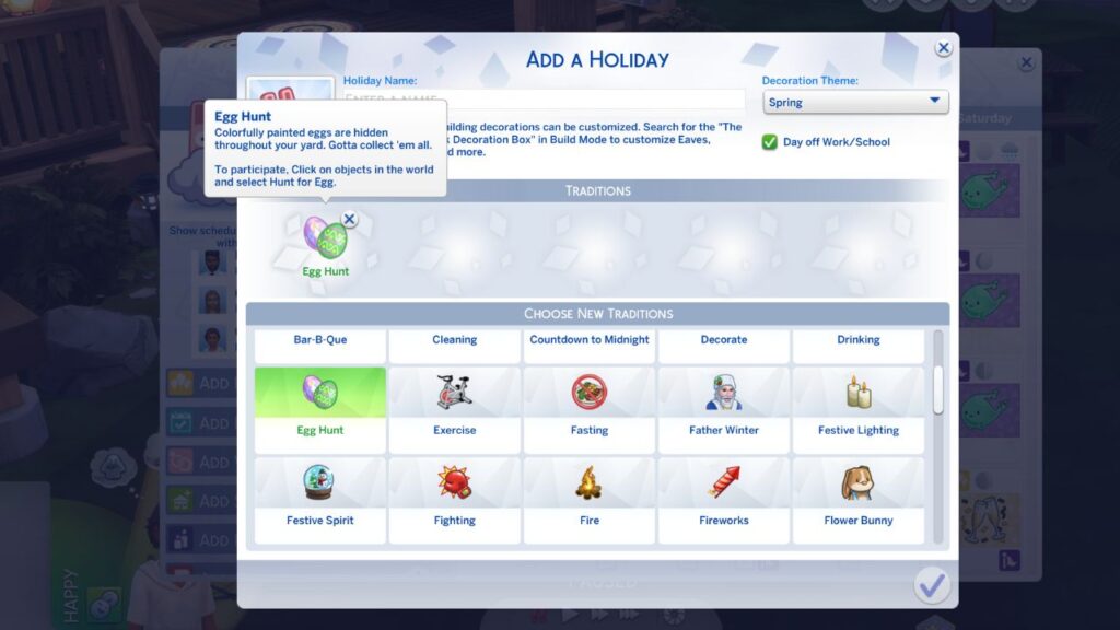 A screenshot from The Sims 4 showing how to add an holiday with an egg hunt to find decorative eggs