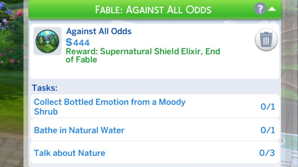 A screenshot from The Sims 4 showing the tasks for the against all odds fable