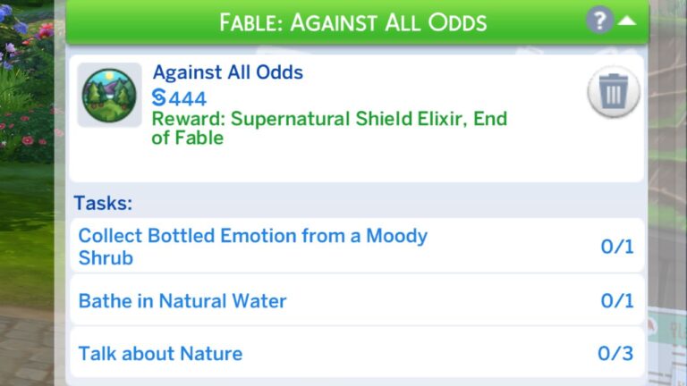 A screenshot from The Sims 4 showing the tasks for the against all odds fable