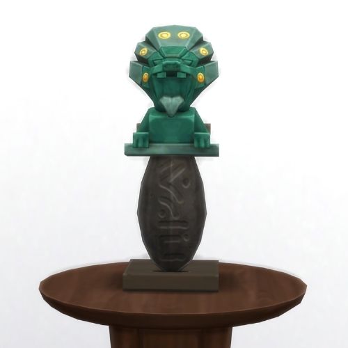 A screenshot from The Sims 4 showing a brown circle table and on top is a dark teal harvest knife