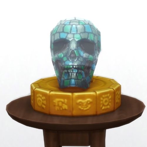 A screenshot from The Sims 4 showing a brown circle table and on top is a skull made of amazonite on a golden circle