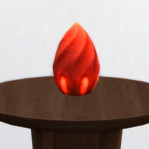 A screenshot from The Sims 4 showing a brown circle table with a red bean on top