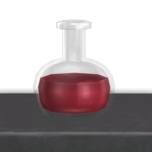 A screenshot from The Sims 4 showing a dark wooden shelf with an angry emotion potion on top