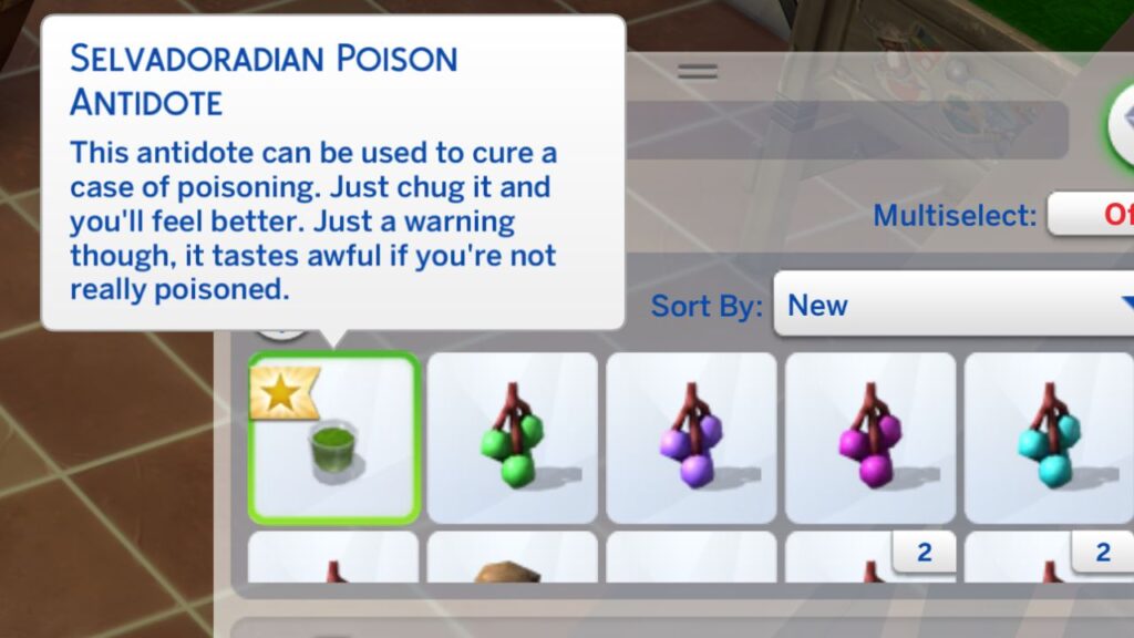 A screenshot from The Sims 4 showing a Selvadoradian Poison Antidote in a sim's inventory 