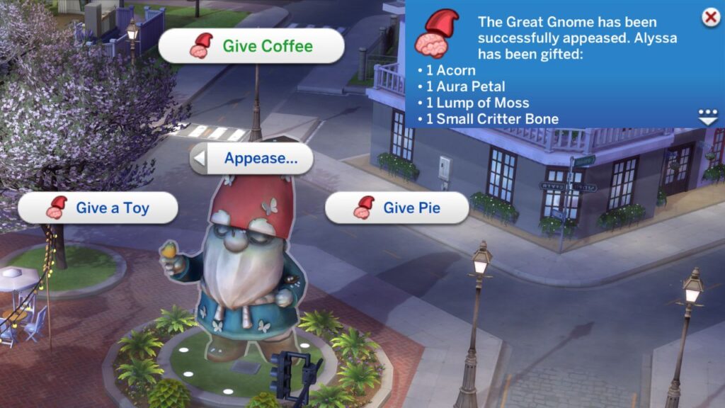A screenshot from The Sims 4 showing the interactions from the now you gnome reward trait 