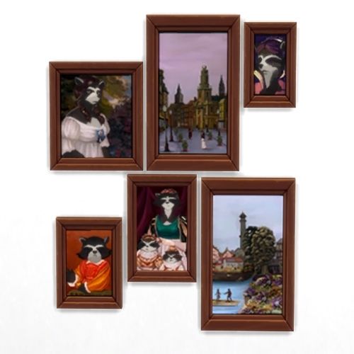 A screenshot from The Sims 4 showing a piece of art that's six images as a gallery wall and each of them are racoons