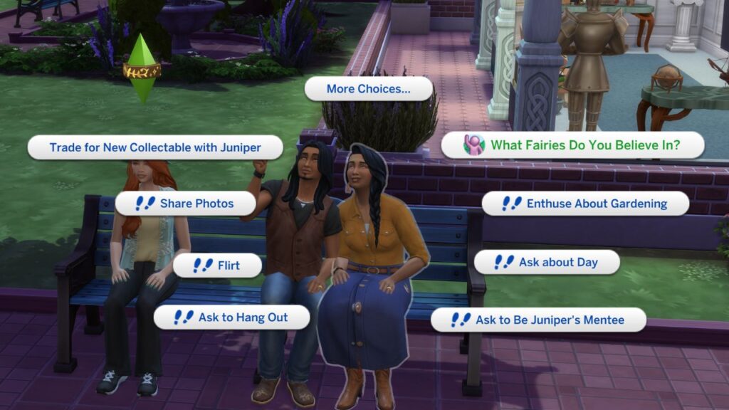 A screenshot from The Sims 4 showing the option to ask a sim "what fairies do you believe in?"