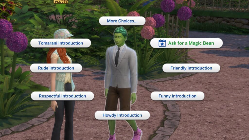 A screenshot from The Sims 4 showing how to ask a plant sim for. a magic bean