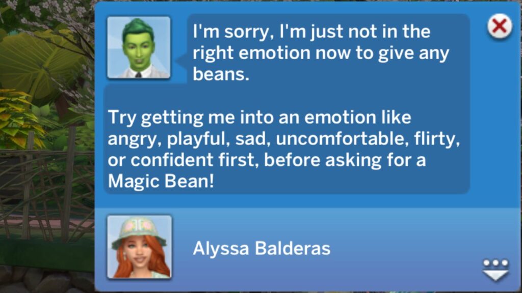 A screenshot from The Sims 4 showing the notification if asking for a magic bean goes wrong