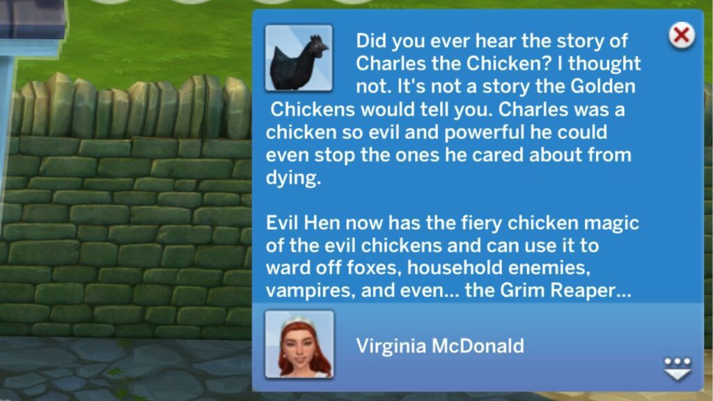 A screenshot from The Sims 4 showing the notification you get when you ask an evil chicken for help