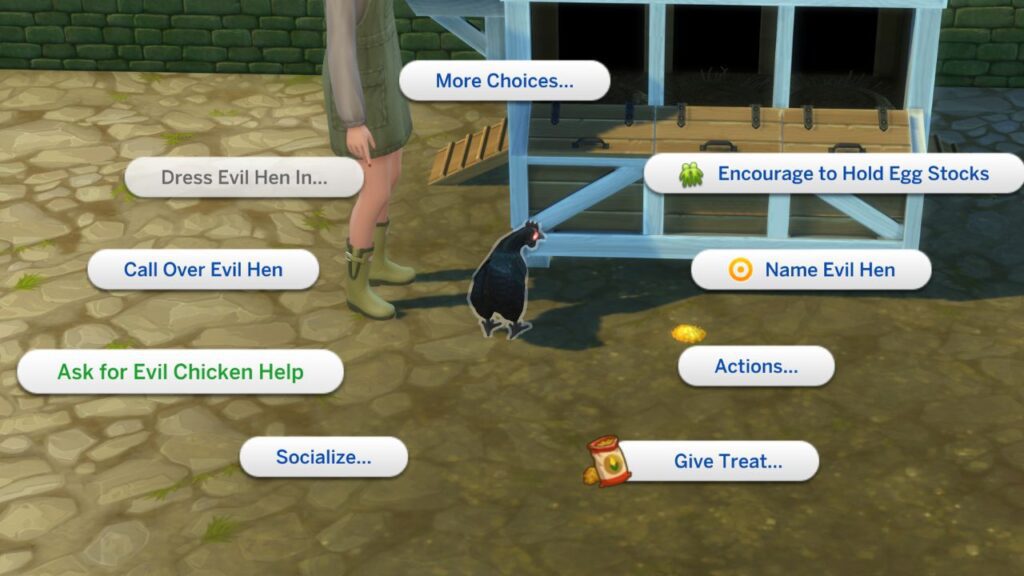 A screenshot from The Sims 4 showing how to ask an evil chicken for help