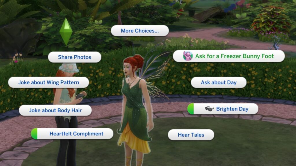 A screenshot from The Sims 4 showing how to ask for a freezer bunny foot from a fairy 