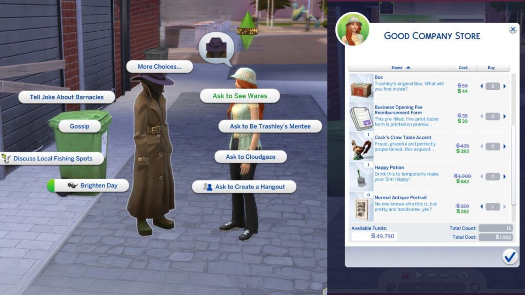 A screenshot from The Sims 4 showing how to shop from Trashley Reelpearson