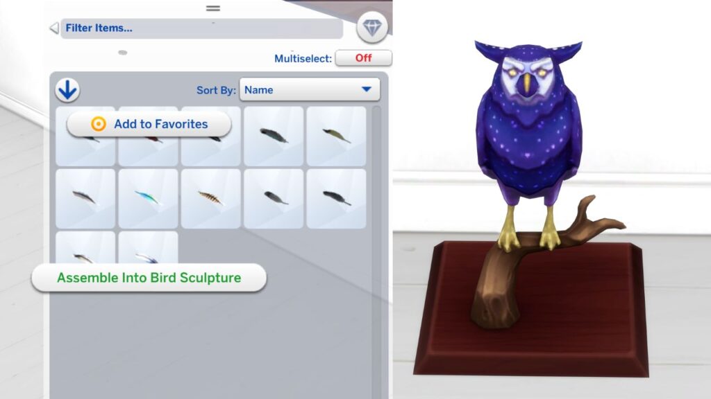 A screenshot from The Sims 4 showing how to craft the bird sculpture from feathers