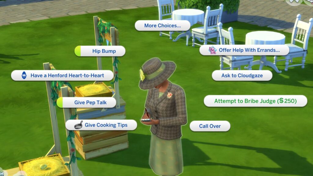A screenshot from The Sims 4 showing how to attempt to bribe finchwick fair judge