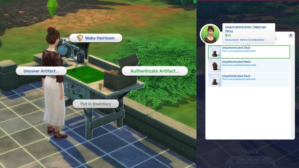 A screenshot from The Sims 4 showing how to authenticate artifacts on an archaeology table