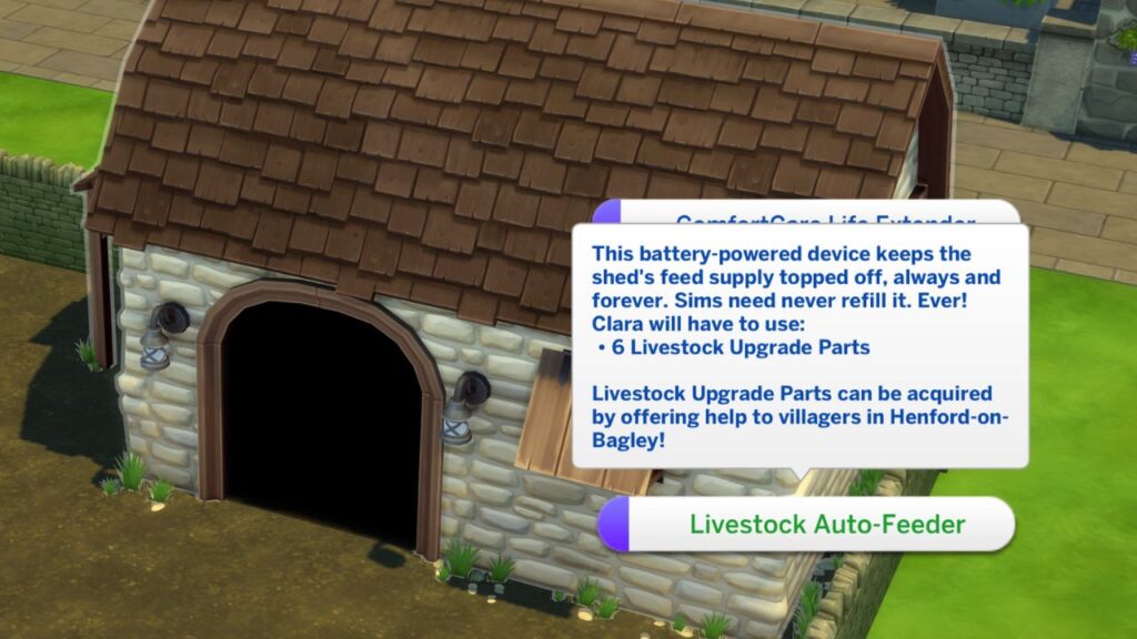 A screenshot from The Sims 4 showing how to install an auto-feeder