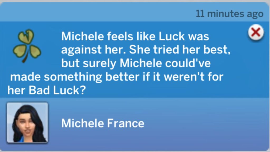 A screenshot from The Sims 4 showing a bad luck notification