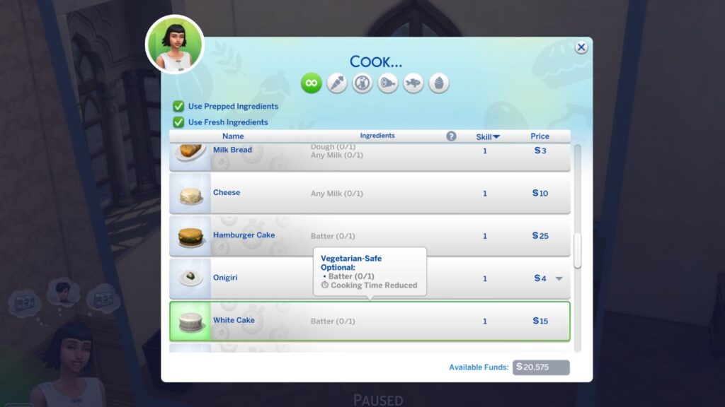 A screenshot from The Sims 4 showing the cook menu with white cake highlighted