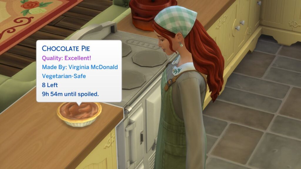A screenshot from The Sims 4 showing an excellent quality chocolate pie 