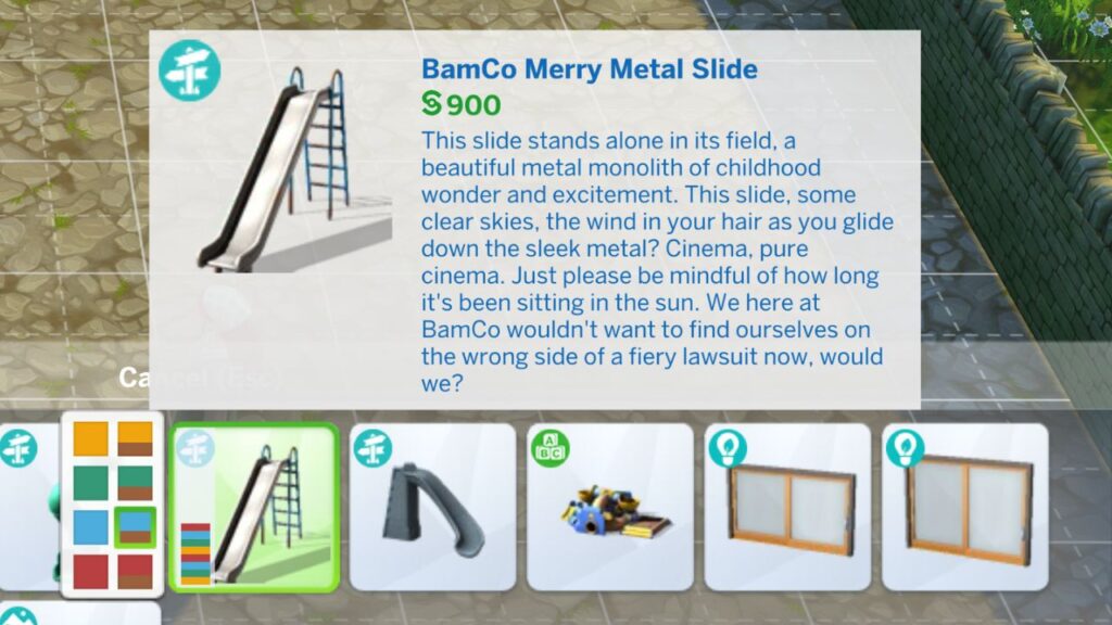 A screenshot from The Sims 4 showing the build mode listing for the BamCo Merry metal Slide 