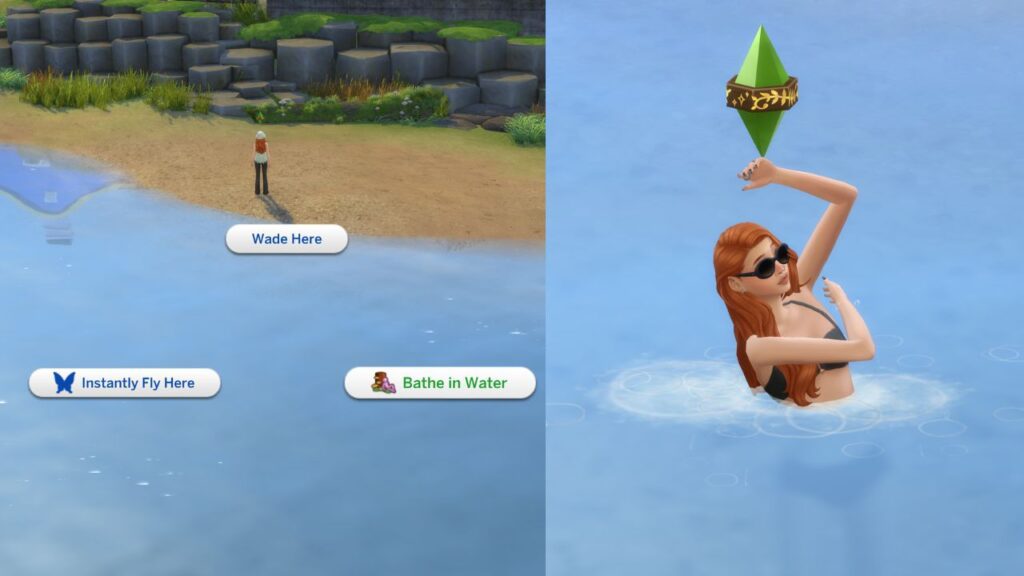 A screenshot from The Sims 4 showing how to bathe in water and. a sim washing themselves in water 